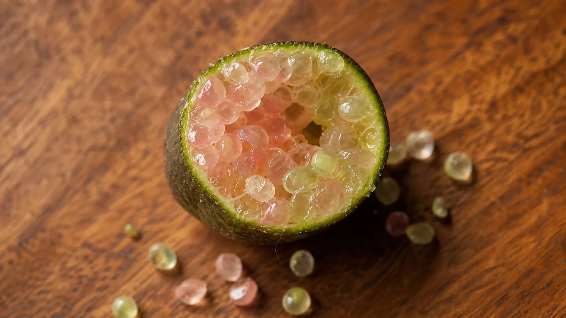 A finger lime cut in cross-section, the caviar-like vesicles spilling out in pale jade pearls