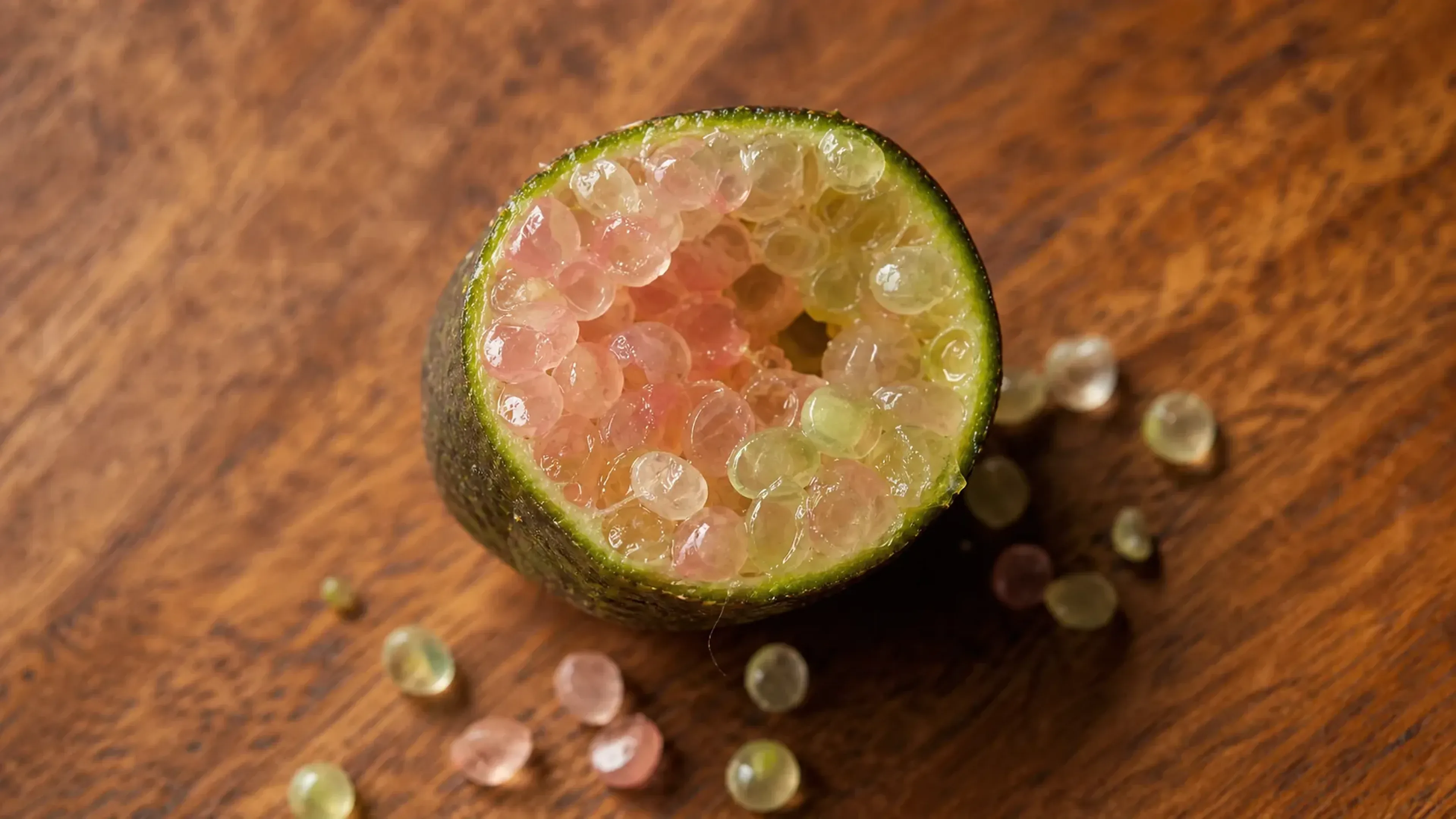 A finger lime cut in cross-section, the caviar-like vesicles spilling out in pale jade pearls