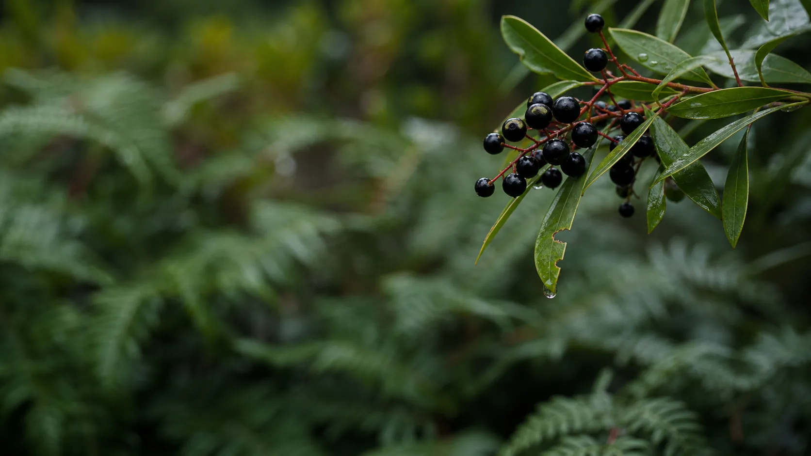 Tasmanian mountain pepperberries on the branch, jet-black berry clusters against highland forest green