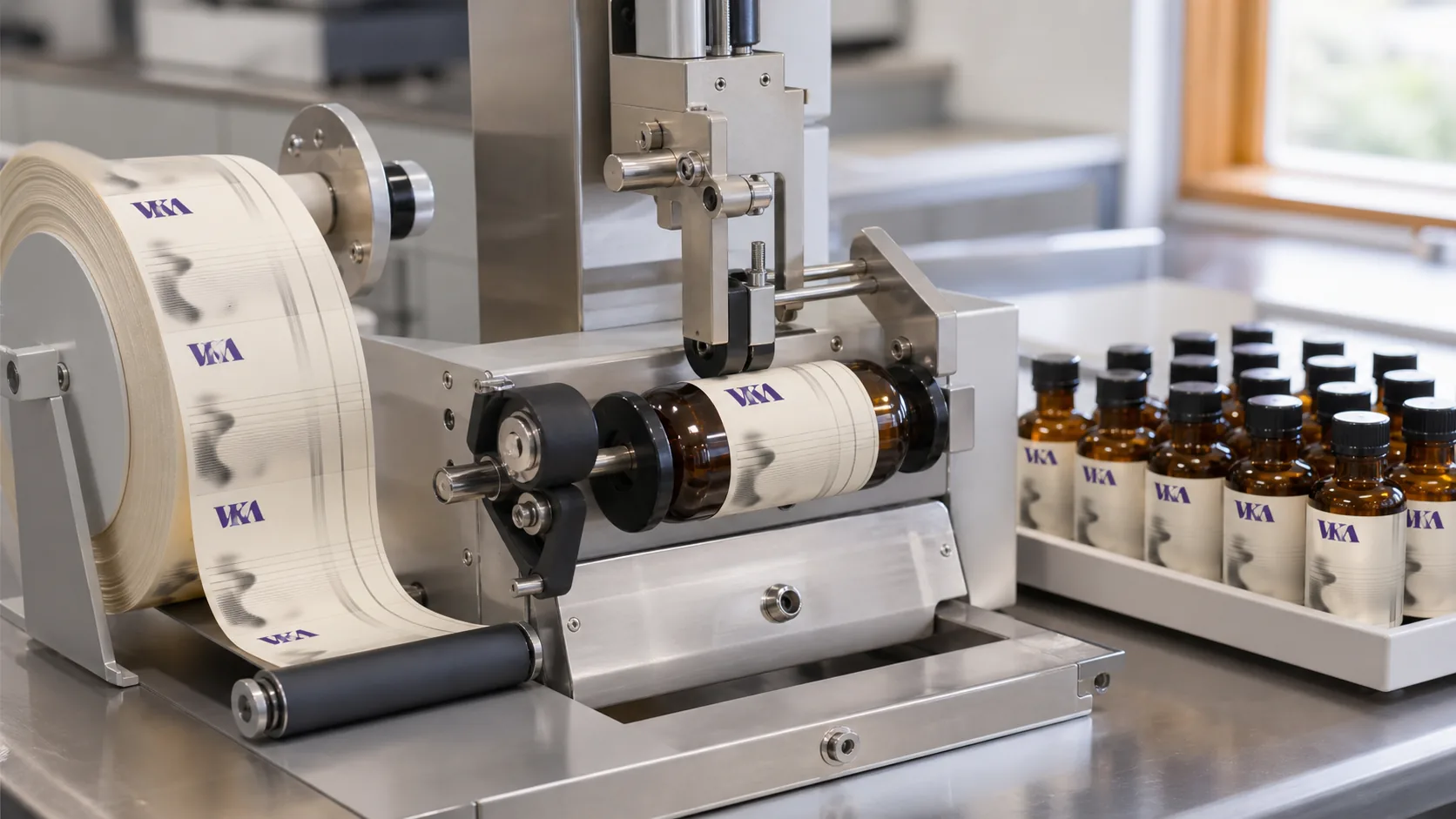 A labelling station at VKA Australia applying labels to finished flavour bottles, where what a pack declares is set