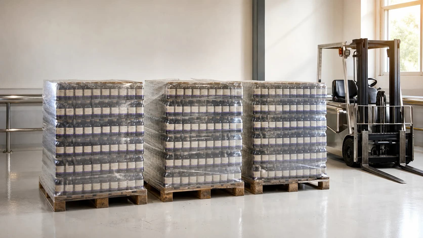 A clean section of the VKA Southport finished-goods warehouse with three stretch-wrapped pallets of labelled bottles stacked side by side, a stainless forklift parked beside them.