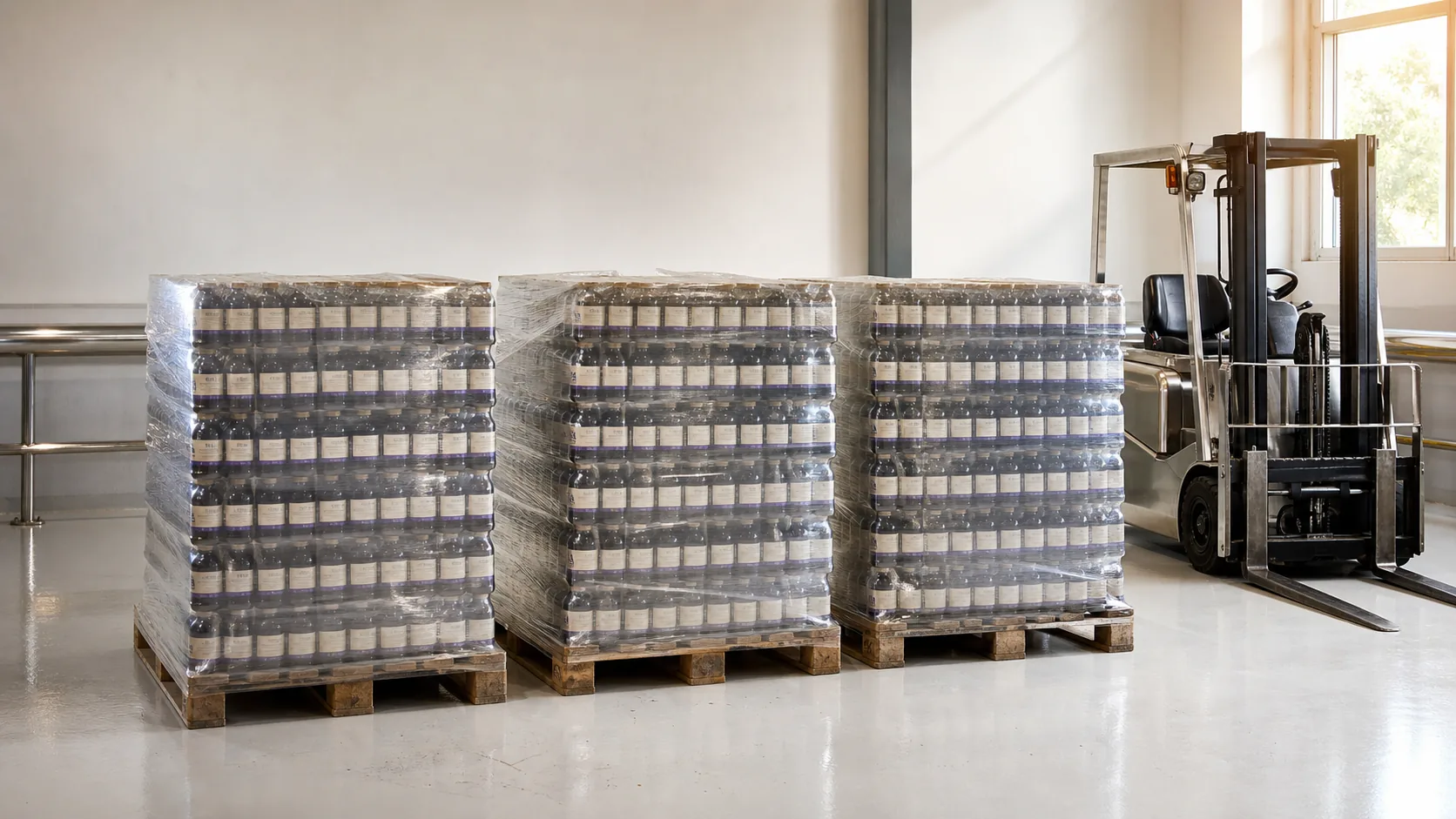 Despatch area with palletised flavour-product cases on industrial steel shelving, ready to ship across Australia and New Zealand.