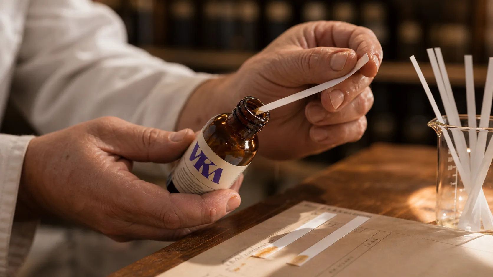 Close-up of a flavourist's hand dipping a smelling strip into an open amber sample bottle, white VKA coat cuff visible.