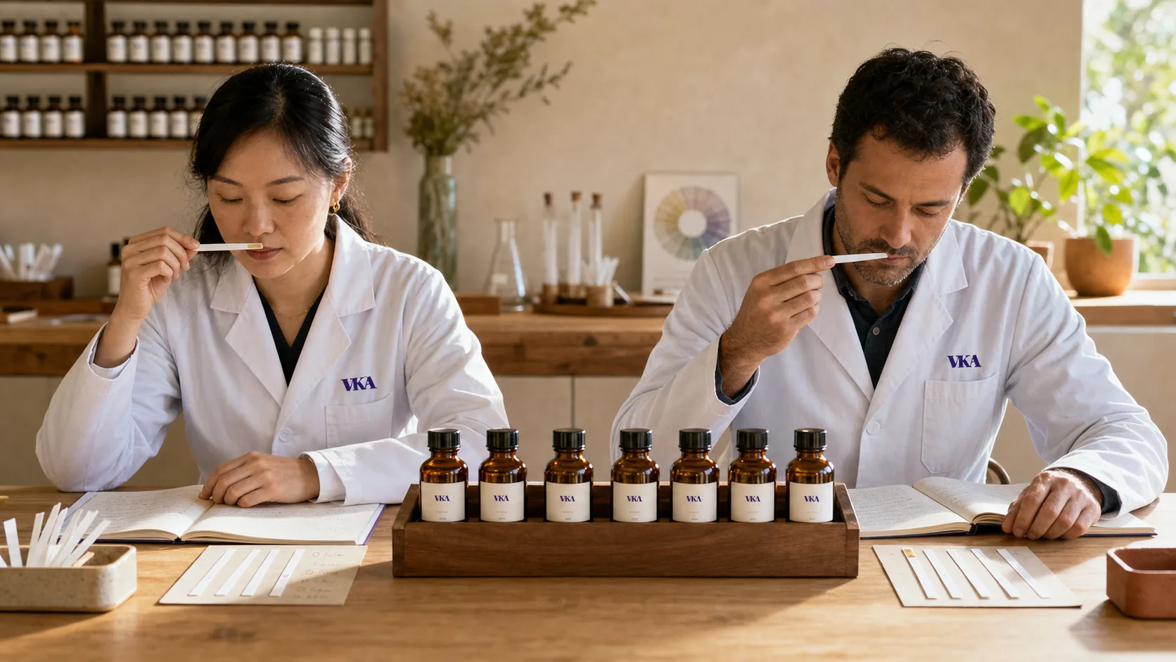 Two flavourists at separate sensory stations in the VKA Australia Southport bench, each self-evaluating their own smelling strip.