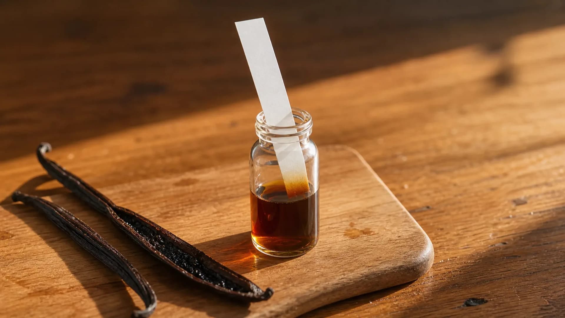 A vanilla-bean alongside a cream smelling strip on the VKA Australia sensory bench, the canonical reference for evaluating a vanilla extract or a vanilla flavour