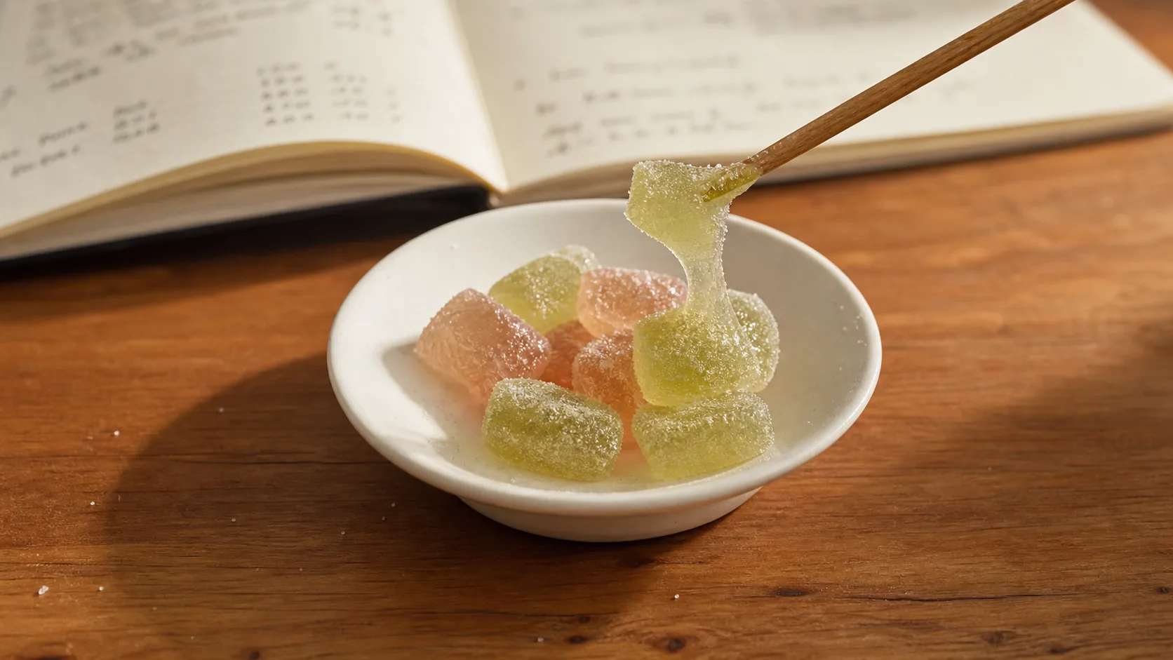 A finger lime gummy lifted from a dish of pale gummies on the VKA Australia application bench.