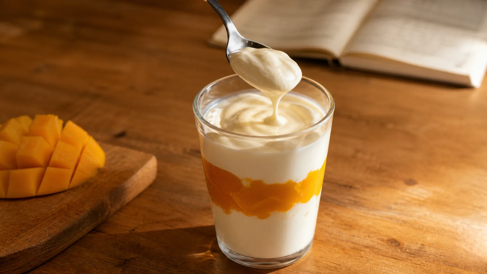 Layered yoghurt with mango puree in a glass cup, a creamy-texture trial at the VKA Australia application kitchen.