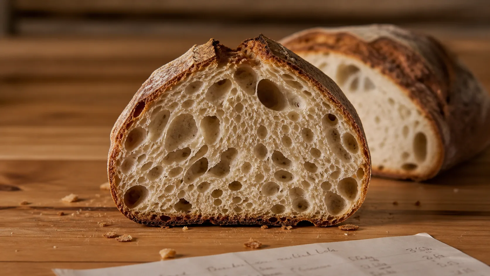 A slice of rustic sourdough showing an open crumb and cracked crust, a crunch-texture reference on the VKA Australia bench.